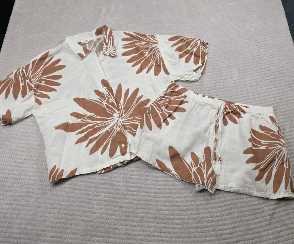 Turks & Caicos Set Womens XL Linen Blend Shorts & Shirt Beachy Preppy Palm Print